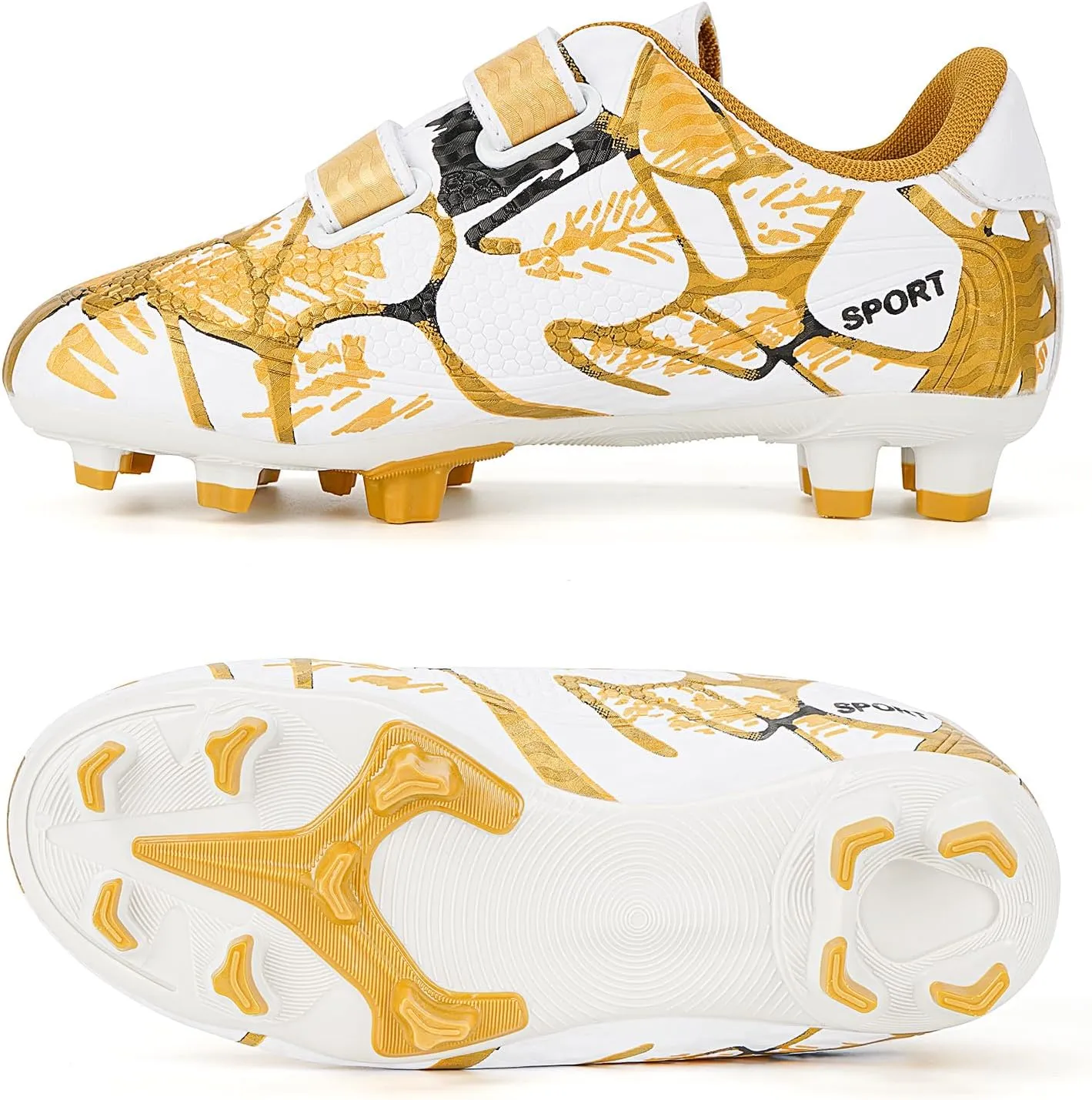 Linkidea Kids FG Soccer Shoes No Laces, Laceless Firm Ground Soccer Cleats for Unisex-Child, Kids Lace Less Soccer Shoes for Grass Field (Gold/White)
