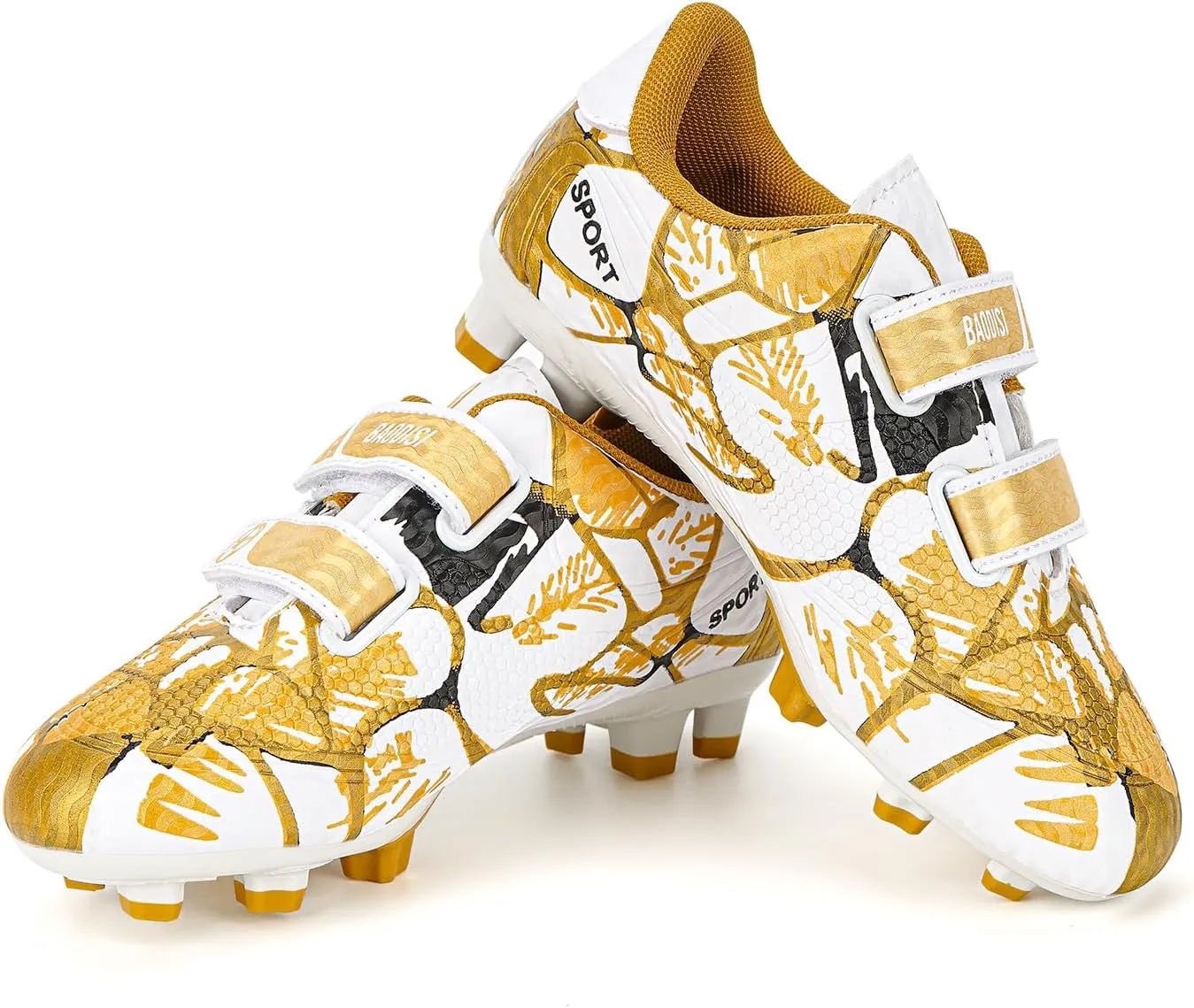 Linkidea Kids FG Soccer Shoes No Laces, Laceless Firm Ground Soccer Cleats for Unisex-Child, Kids Lace Less Soccer Shoes for Grass Field (Gold/White)