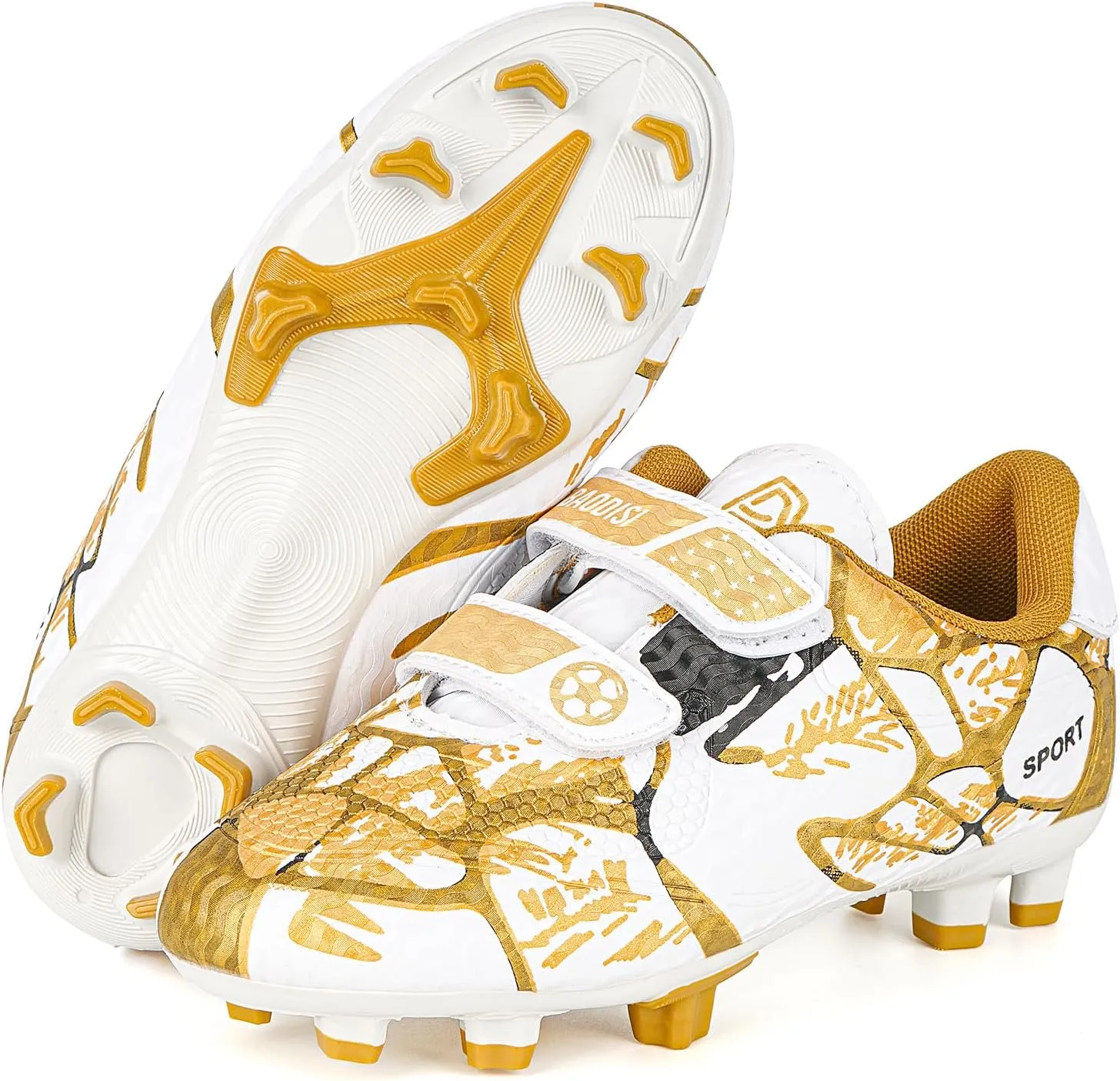 Linkidea Kids FG Soccer Shoes No Laces, Laceless Firm Ground Soccer Cleats for Unisex-Child, Kids Lace Less Soccer Shoes for Grass Field (Gold/White)