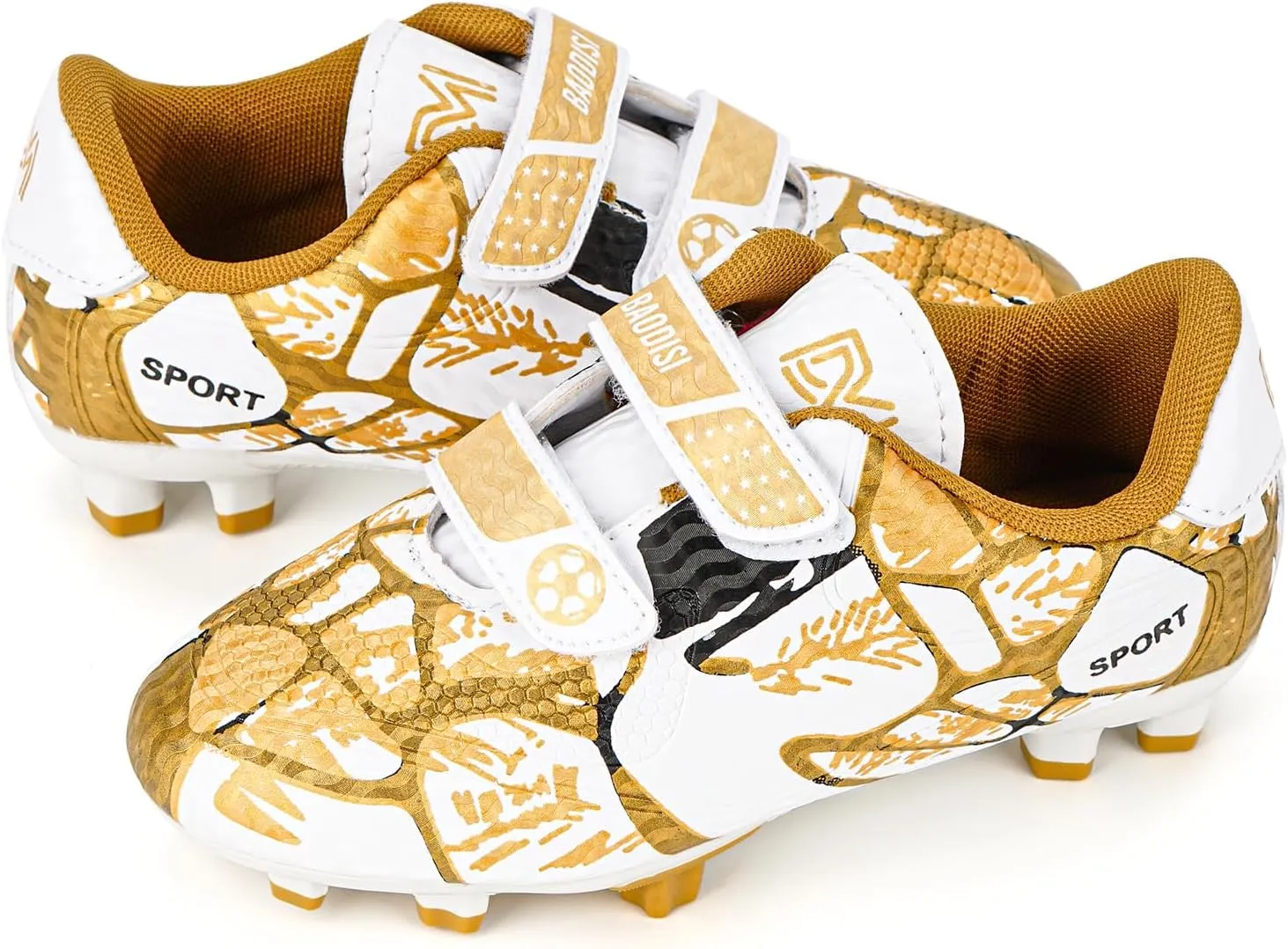 Linkidea Kids FG Soccer Shoes No Laces, Laceless Firm Ground Soccer Cleats for Unisex-Child, Kids Lace Less Soccer Shoes for Grass Field (Gold/White)