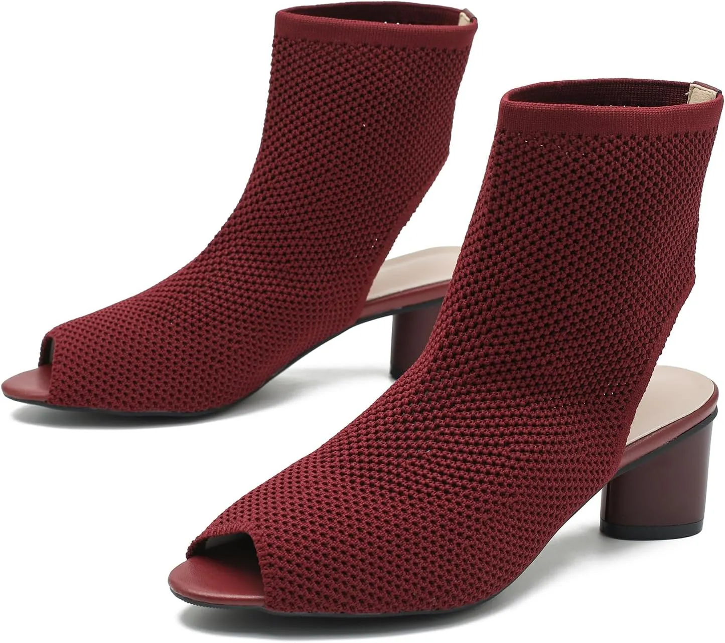 LIURUIJIA Women's Knit Slingback Chunky Heel Ankle Boots Open Toe Booties Hollow Heeled Sandals Summer Casual Slip On Dress Sock Booties For Women
