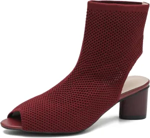 LIURUIJIA Women's Knit Slingback Chunky Heel Ankle Boots Open Toe Booties Hollow Heeled Sandals Summer Casual Slip On Dress Sock Booties For Women