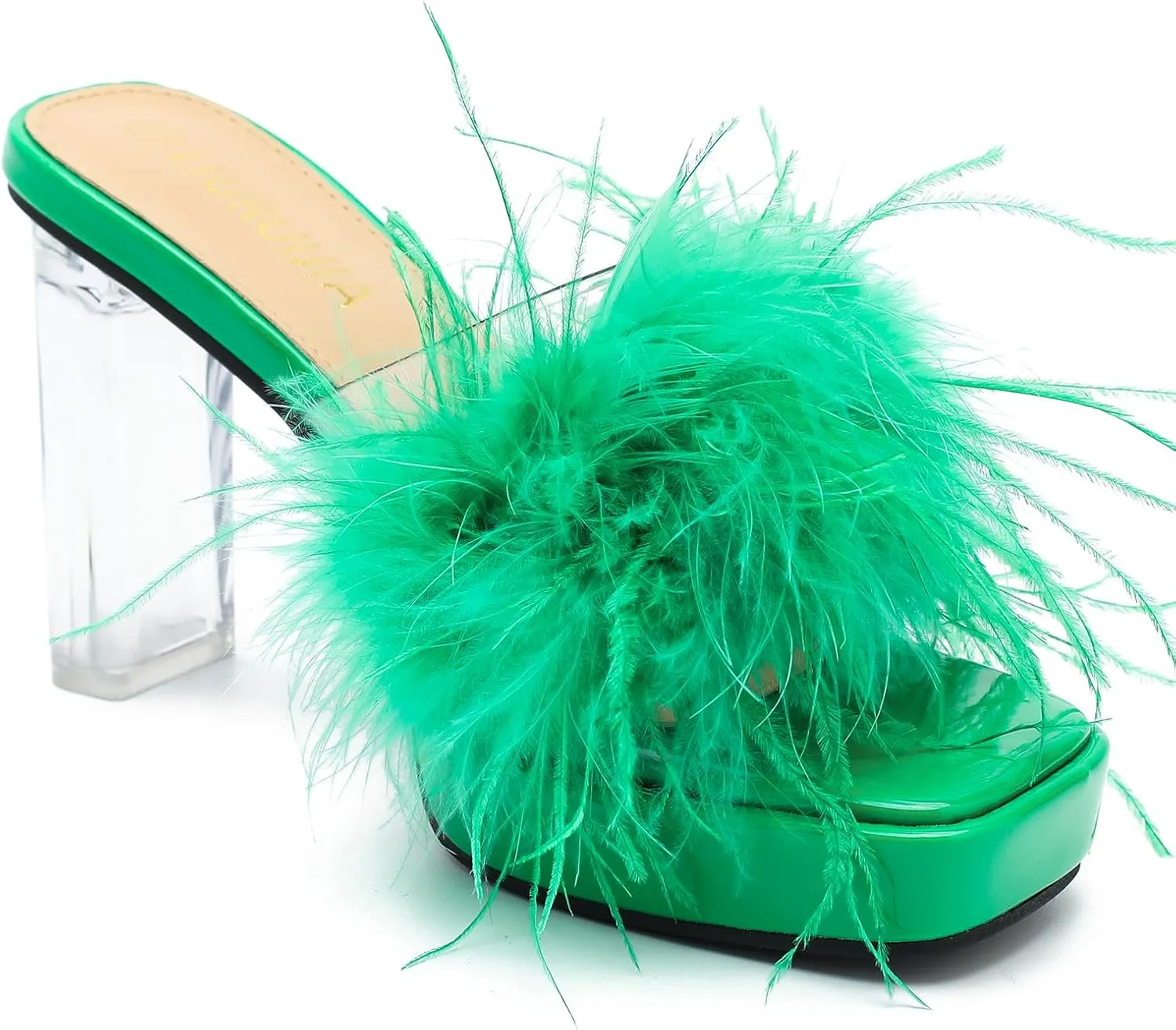 LIURUIJIA Women's Square Toe Platform Chunky Heel Slip on Sandals Feather Fuzzy Heels Mules Wedding Bridal Party Dress Shoes