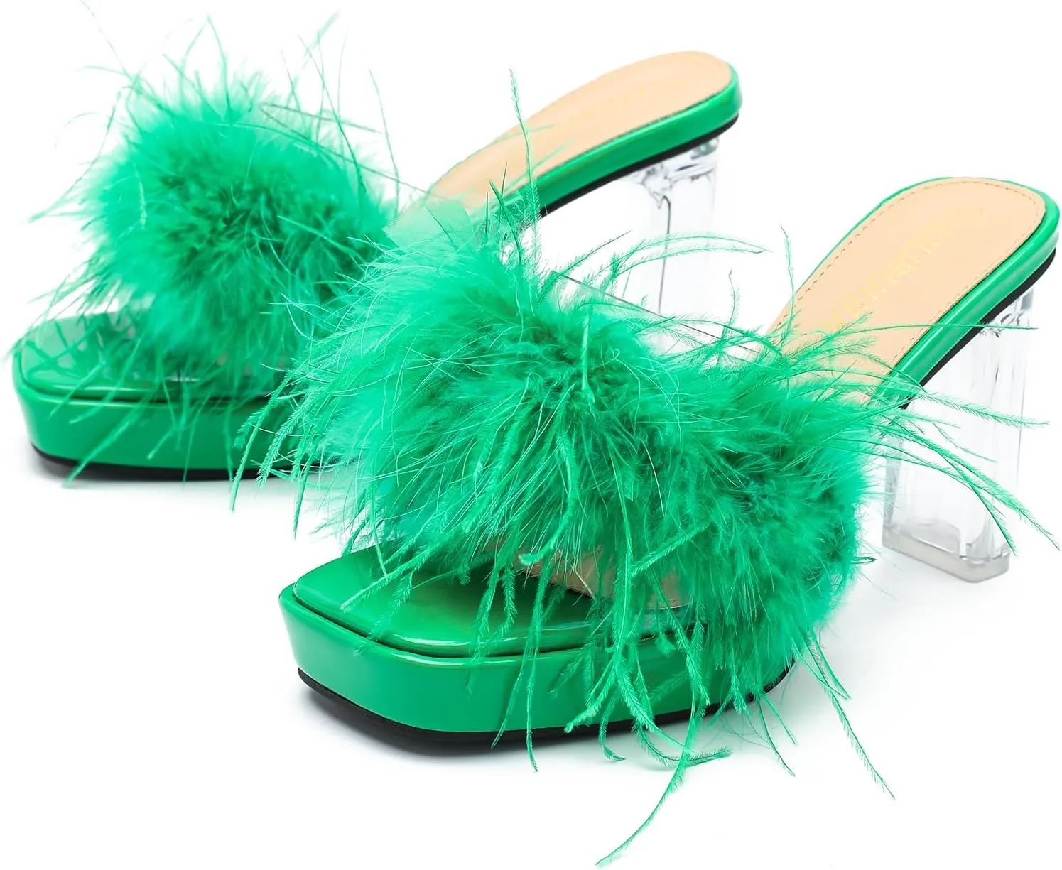 LIURUIJIA Women's Square Toe Platform Chunky Heel Slip on Sandals Feather Fuzzy Heels Mules Wedding Bridal Party Dress Shoes