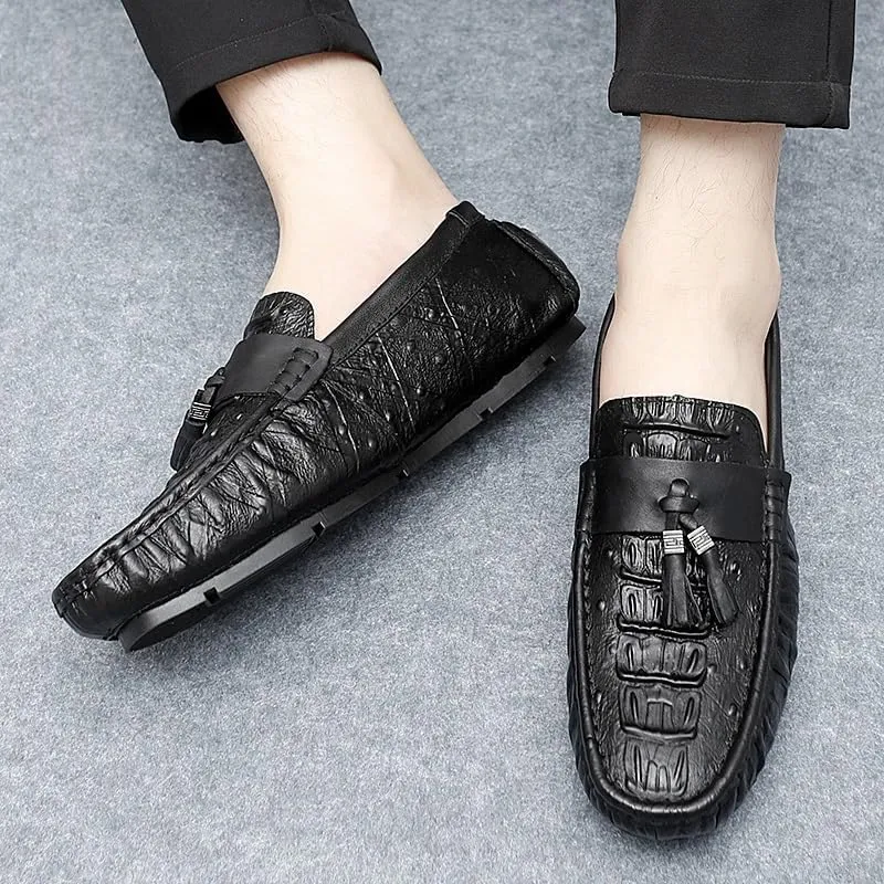 Loafers for Men Round Toe Crocodile Print with Tassel Driving Loafers Lightweight Flat Heel Anti-Slip Party Prom Slip On