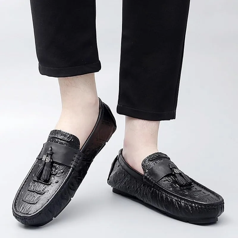 Loafers for Men Round Toe Crocodile Print with Tassel Driving Loafers Lightweight Flat Heel Anti-Slip Party Prom Slip On