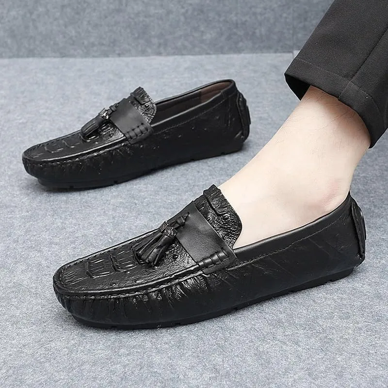 Loafers for Men Round Toe Crocodile Print with Tassel Driving Loafers Lightweight Flat Heel Anti-Slip Party Prom Slip On