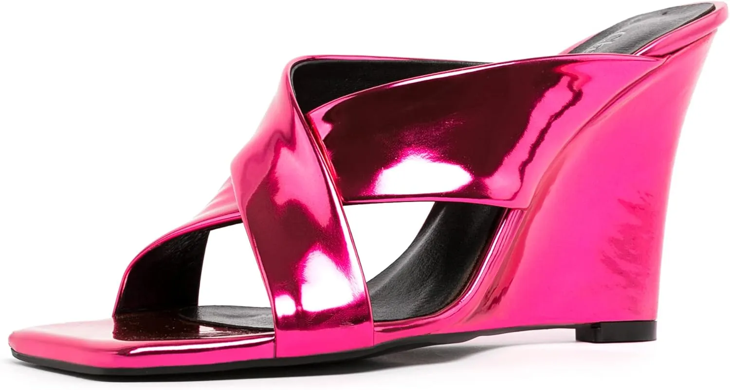 Lutalica W Women's Fashion Sqare Open Toe Slip On Backless Summer Cross Strap High Heel Wedge Sandals