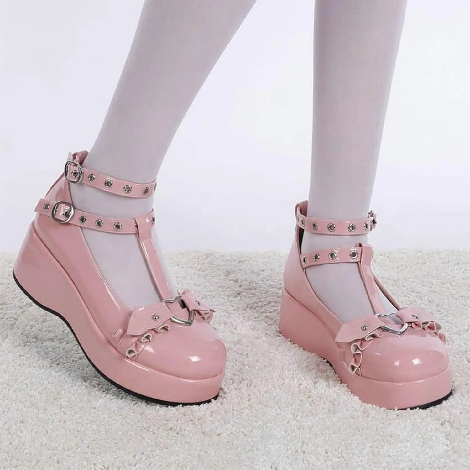 LUXMAX Women Goth Lolita Shoes Platform T Strap Mary Janes Wedges High Heel Pumps Ankle Strap Closed Toe Punk Dress Shoes