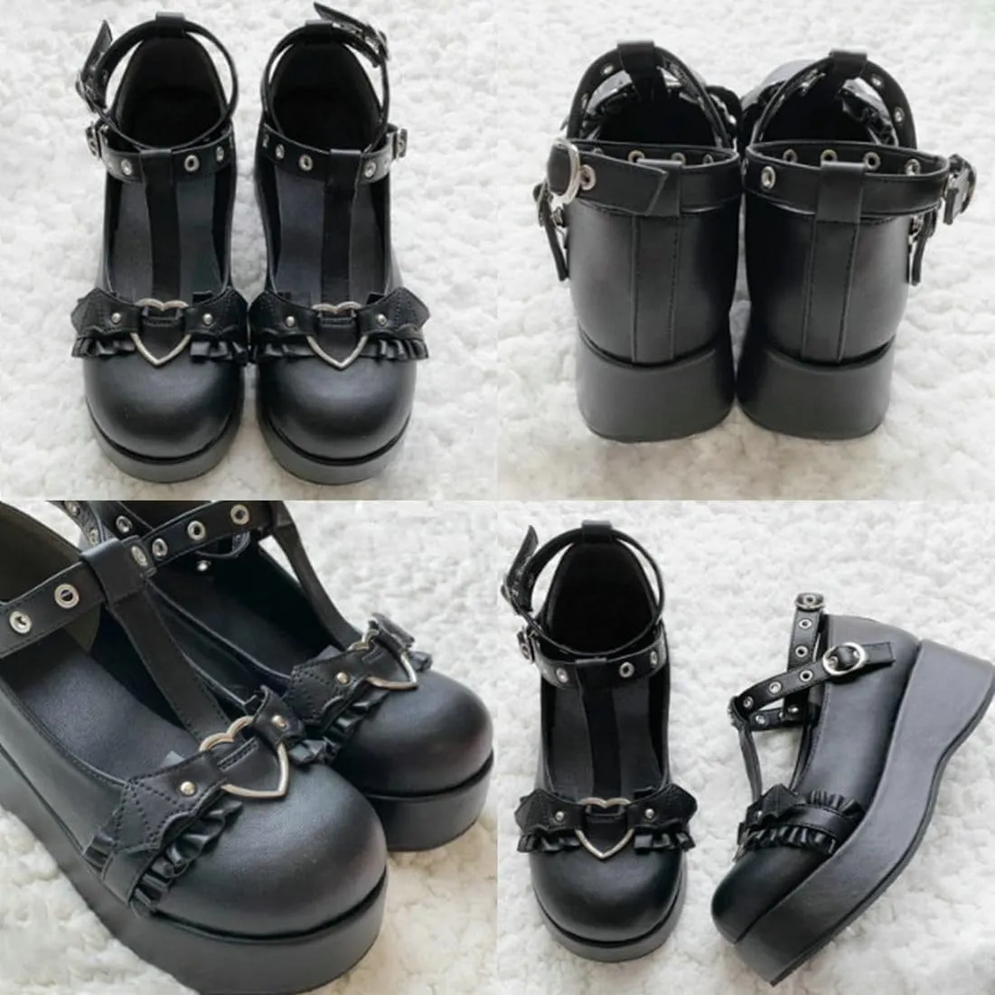 LUXMAX Women Goth Lolita Shoes Platform T Strap Mary Janes Wedges High Heel Pumps Ankle Strap Closed Toe Punk Dress Shoes