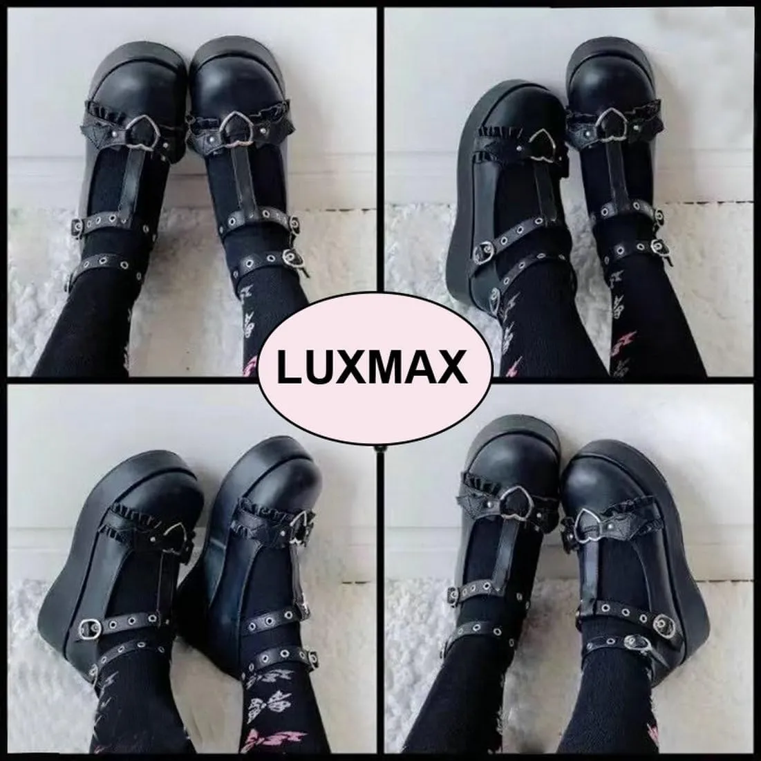 LUXMAX Women Goth Lolita Shoes Platform T Strap Mary Janes Wedges High Heel Pumps Ankle Strap Closed Toe Punk Dress Shoes