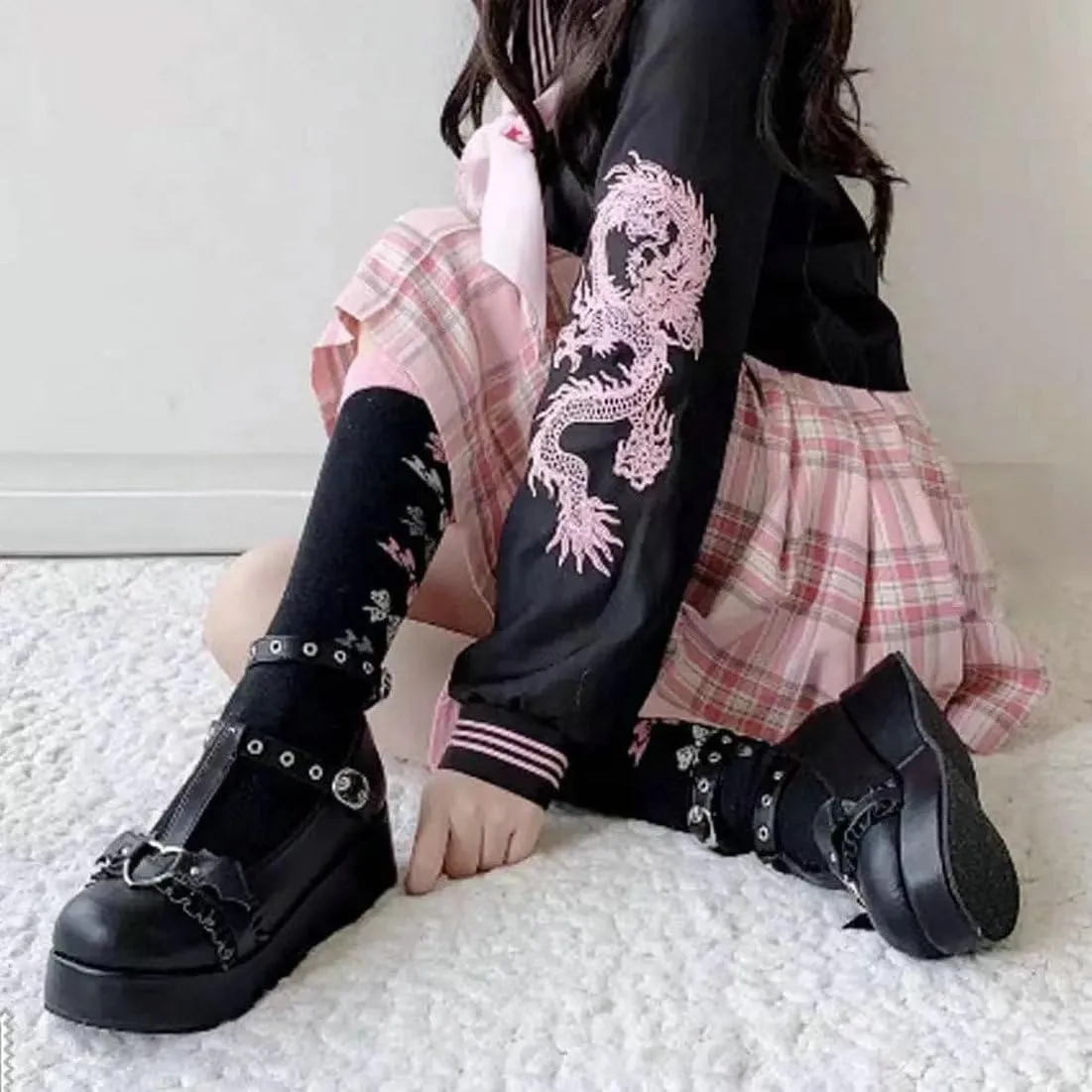 LUXMAX Women Goth Lolita Shoes Platform T Strap Mary Janes Wedges High Heel Pumps Ankle Strap Closed Toe Punk Dress Shoes
