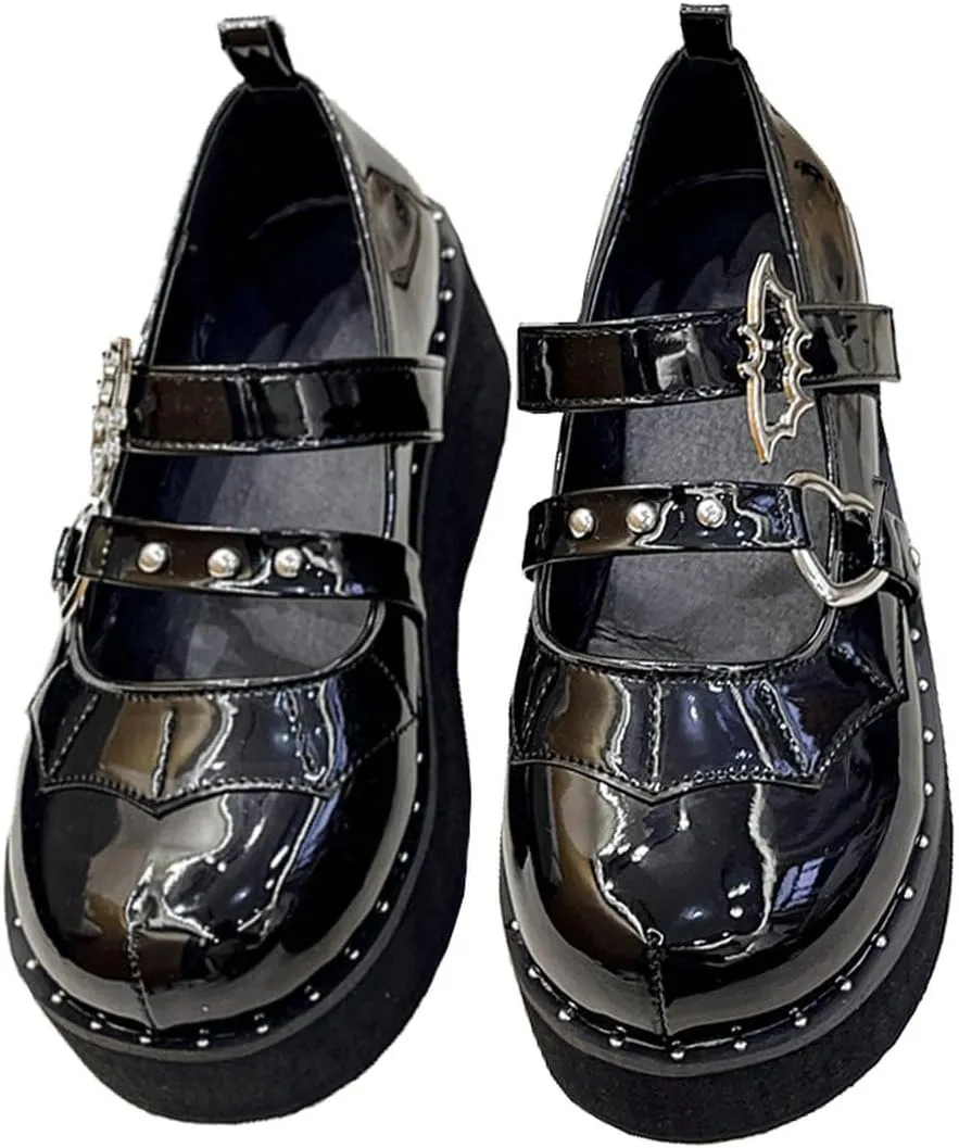 LUXMAX Women Goth Lolita Shoes Platform T Strap Mary Janes Wedges High Heel Pumps Ankle Strap Closed Toe Punk Dress Shoes