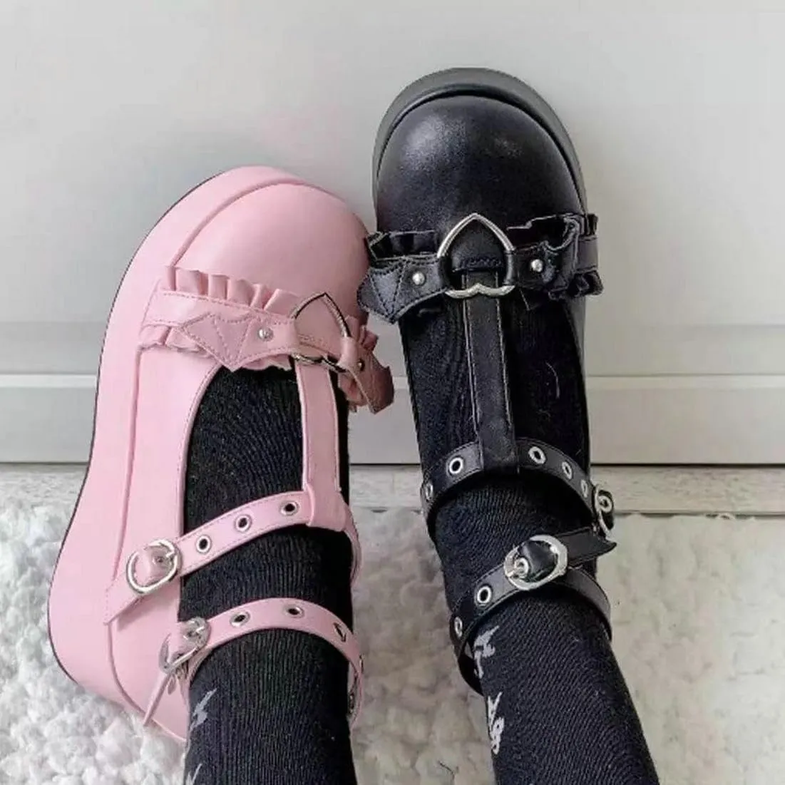 LUXMAX Women Goth Lolita Shoes Platform T Strap Mary Janes Wedges High Heel Pumps Ankle Strap Closed Toe Punk Dress Shoes