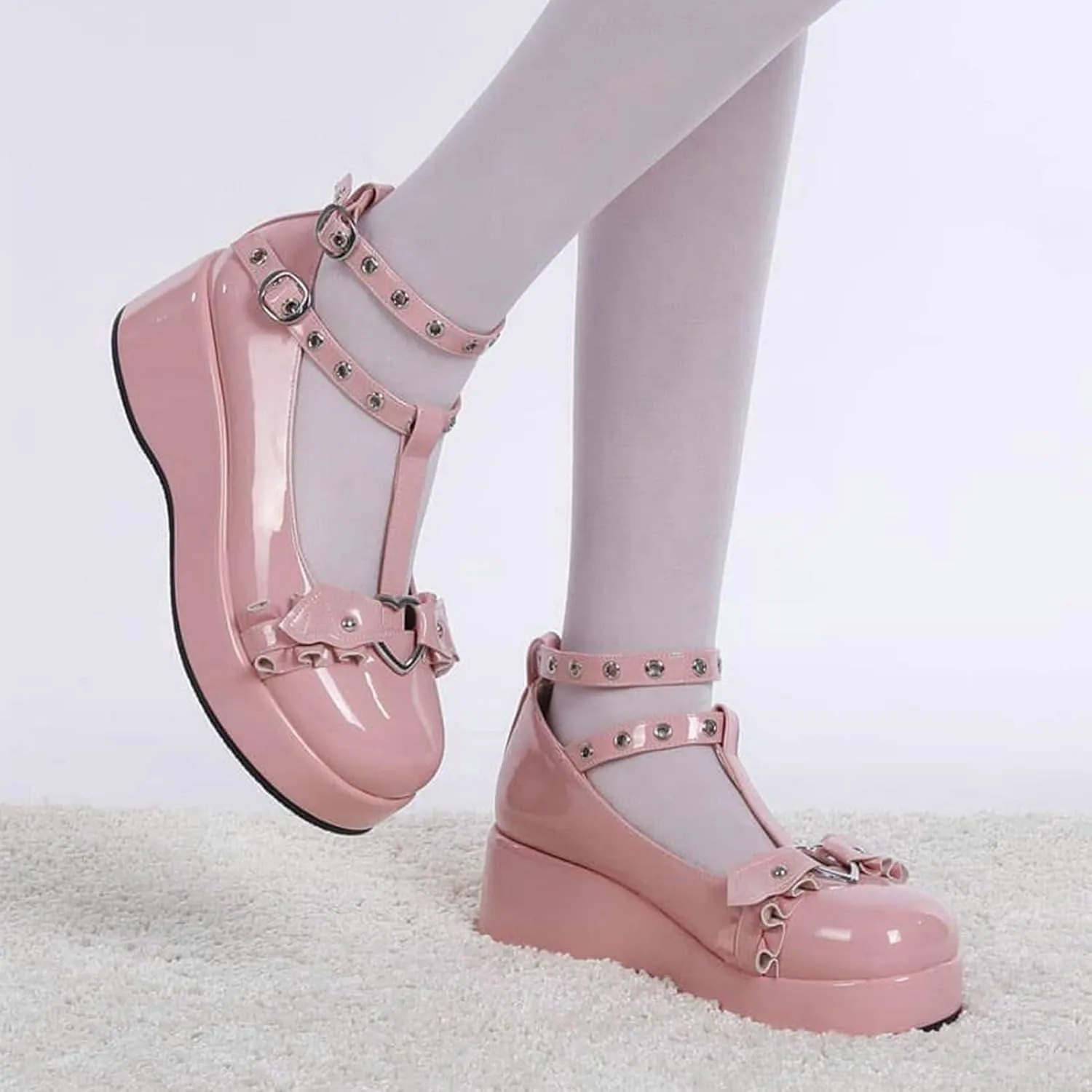 LUXMAX Women Goth Lolita Shoes Platform T Strap Mary Janes Wedges High Heel Pumps Ankle Strap Closed Toe Punk Dress Shoes