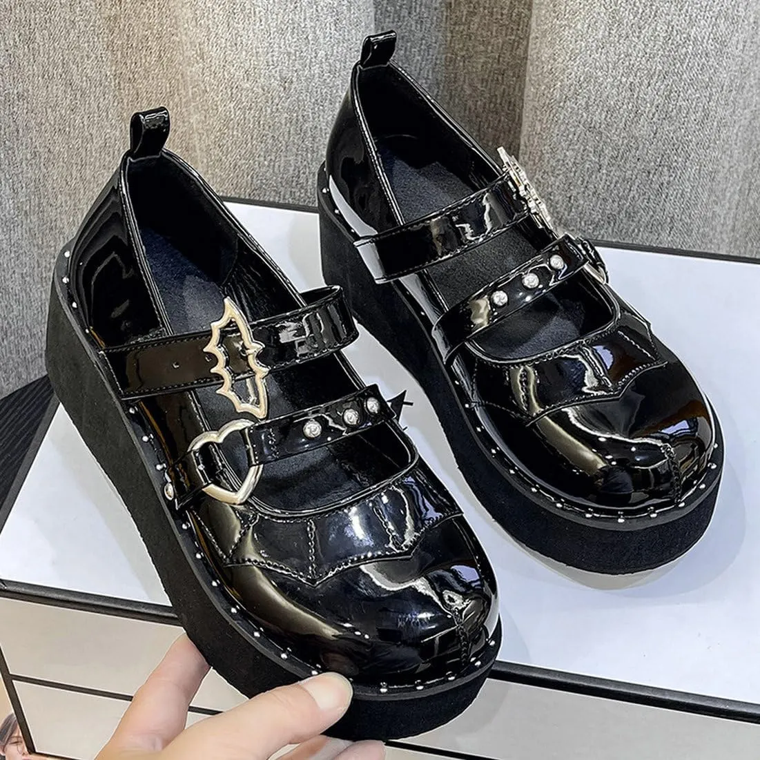 LUXMAX Women Goth Lolita Shoes Platform T Strap Mary Janes Wedges High Heel Pumps Ankle Strap Closed Toe Punk Dress Shoes