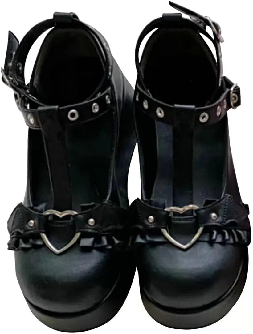 LUXMAX Women Goth Lolita Shoes Platform T Strap Mary Janes Wedges High Heel Pumps Ankle Strap Closed Toe Punk Dress Shoes