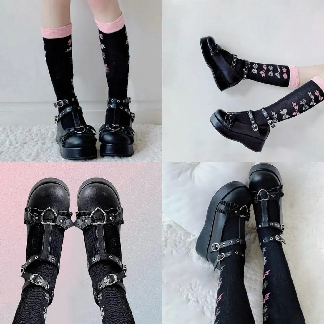 LUXMAX Women Goth Lolita Shoes Platform T Strap Mary Janes Wedges High Heel Pumps Ankle Strap Closed Toe Punk Dress Shoes