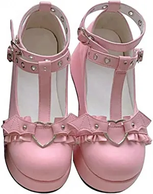 LUXMAX Women Goth Lolita Shoes Platform T Strap Mary Janes Wedges High Heel Pumps Ankle Strap Closed Toe Punk Dress Shoes