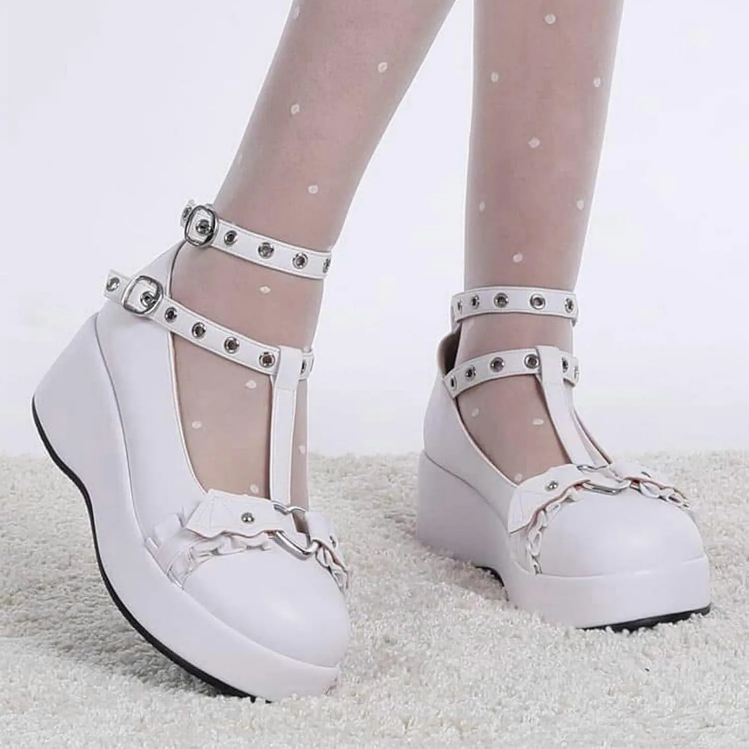 LUXMAX Women Goth Lolita Shoes Platform T Strap Mary Janes Wedges High Heel Pumps Ankle Strap Closed Toe Punk Dress Shoes
