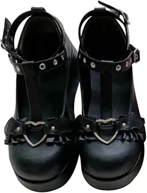 LUXMAX Women Goth Lolita Shoes Platform T Strap Mary Janes Wedges High Heel Pumps Ankle Strap Closed Toe Punk Dress Shoes