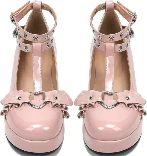 LUXMAX Women Goth Lolita Shoes Platform T Strap Mary Janes Wedges High Heel Pumps Ankle Strap Closed Toe Punk Dress Shoes