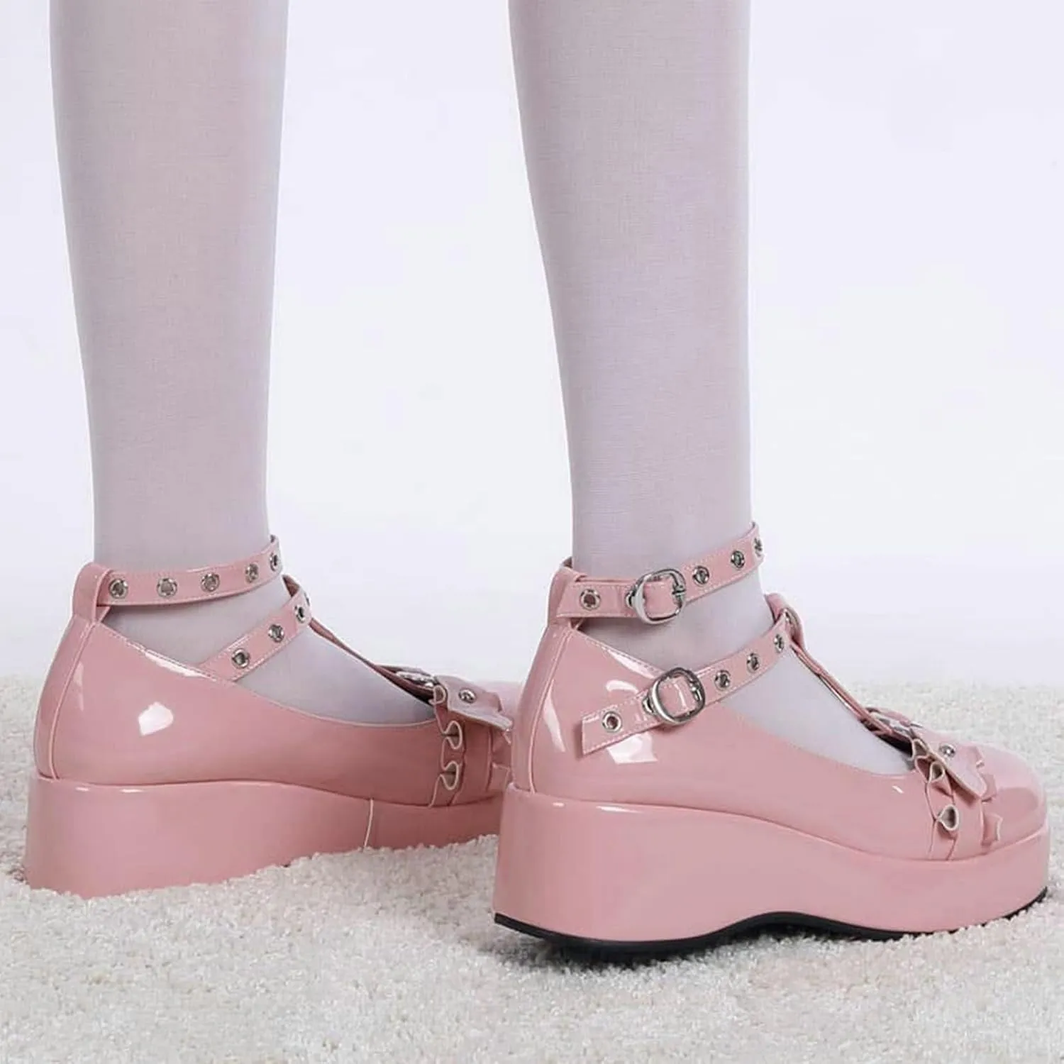 LUXMAX Women Goth Lolita Shoes Platform T Strap Mary Janes Wedges High Heel Pumps Ankle Strap Closed Toe Punk Dress Shoes