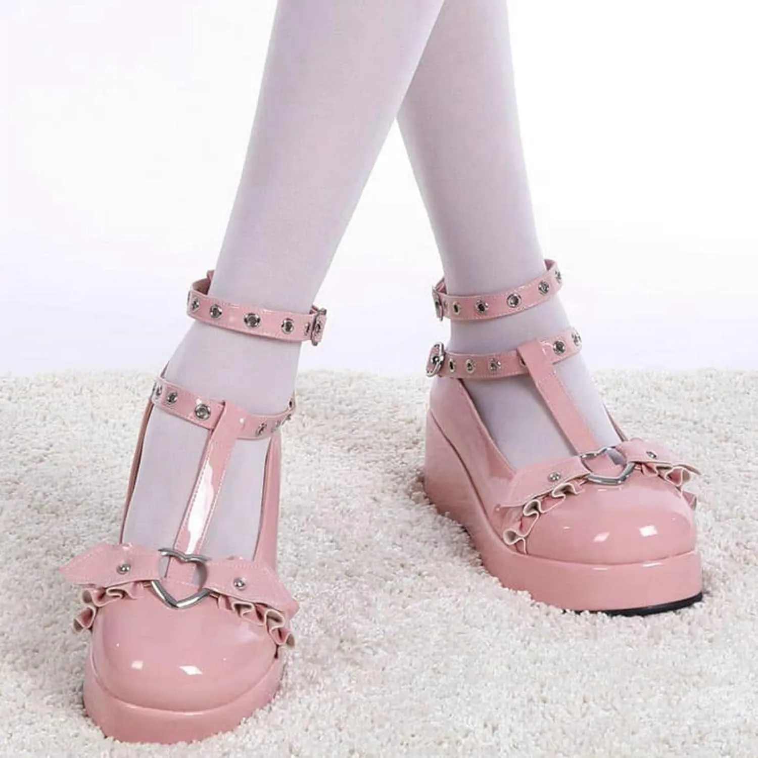 LUXMAX Women Goth Lolita Shoes Platform T Strap Mary Janes Wedges High Heel Pumps Ankle Strap Closed Toe Punk Dress Shoes