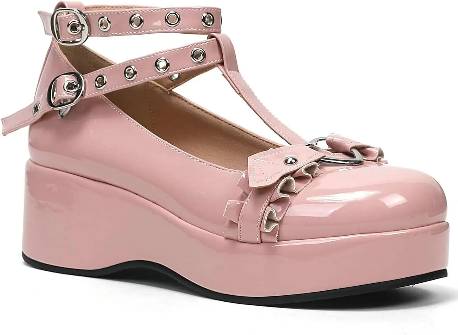 LUXMAX Women Goth Lolita Shoes Platform T Strap Mary Janes Wedges High Heel Pumps Ankle Strap Closed Toe Punk Dress Shoes