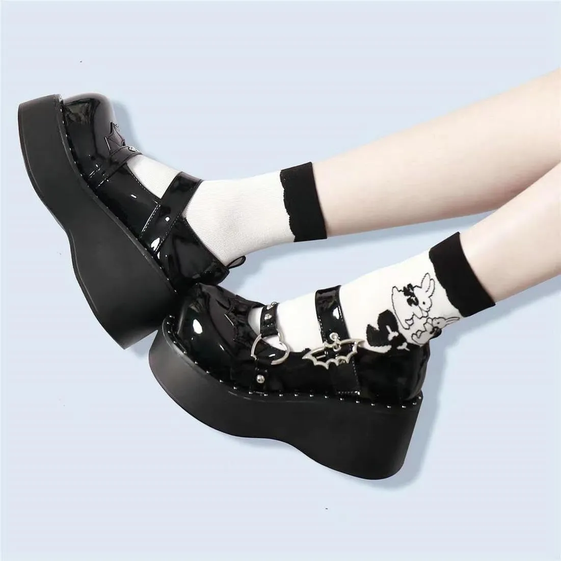 LUXMAX Women Goth Lolita Shoes Platform T Strap Mary Janes Wedges High Heel Pumps Ankle Strap Closed Toe Punk Dress Shoes
