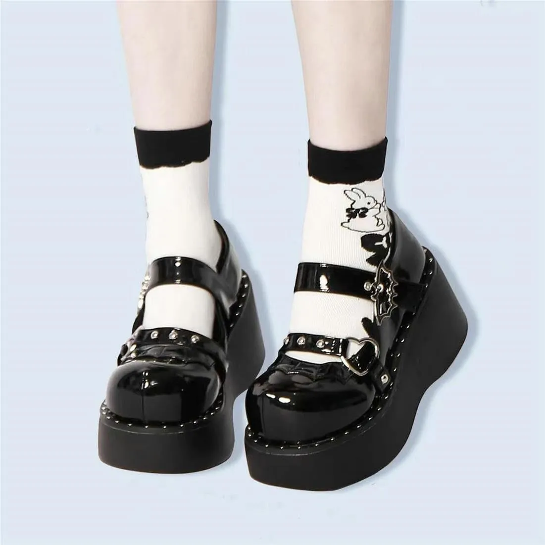 LUXMAX Women Goth Lolita Shoes Platform T Strap Mary Janes Wedges High Heel Pumps Ankle Strap Closed Toe Punk Dress Shoes