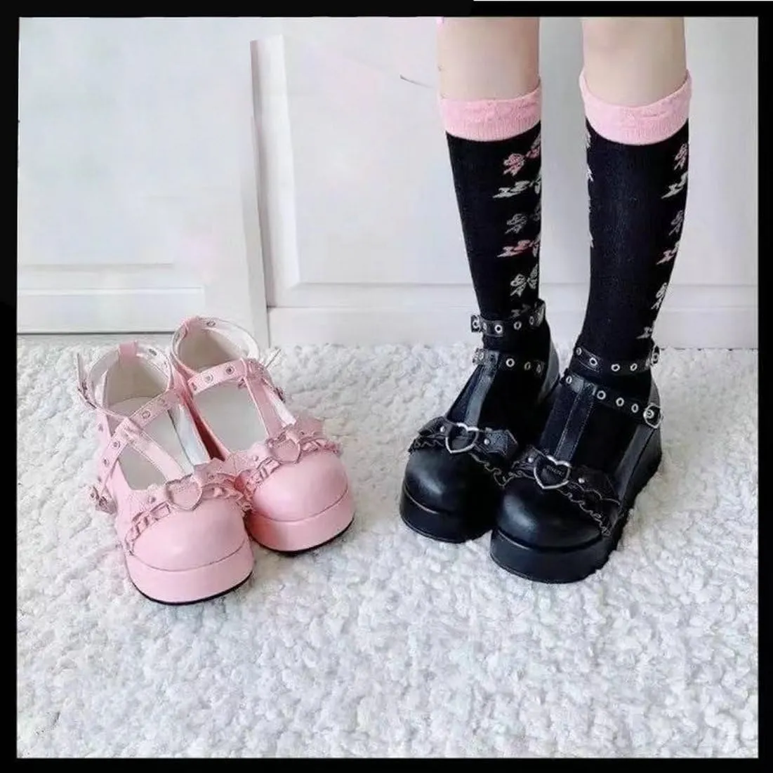 LUXMAX Women Goth Lolita Shoes Platform T Strap Mary Janes Wedges High Heel Pumps Ankle Strap Closed Toe Punk Dress Shoes