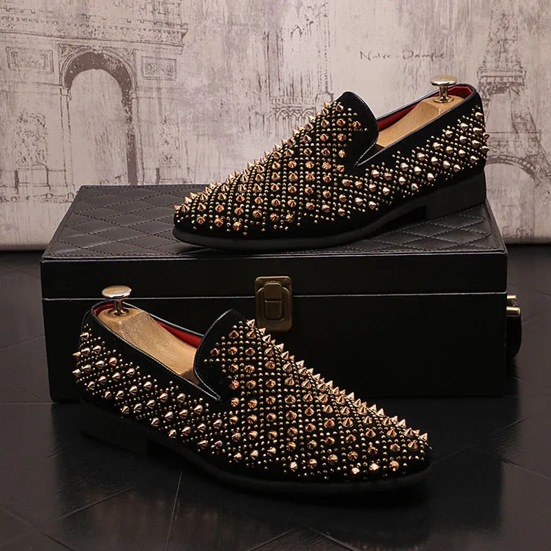 Luxury Brand Men's Fashion Rivets Shoes Black Punk Flats Loafers