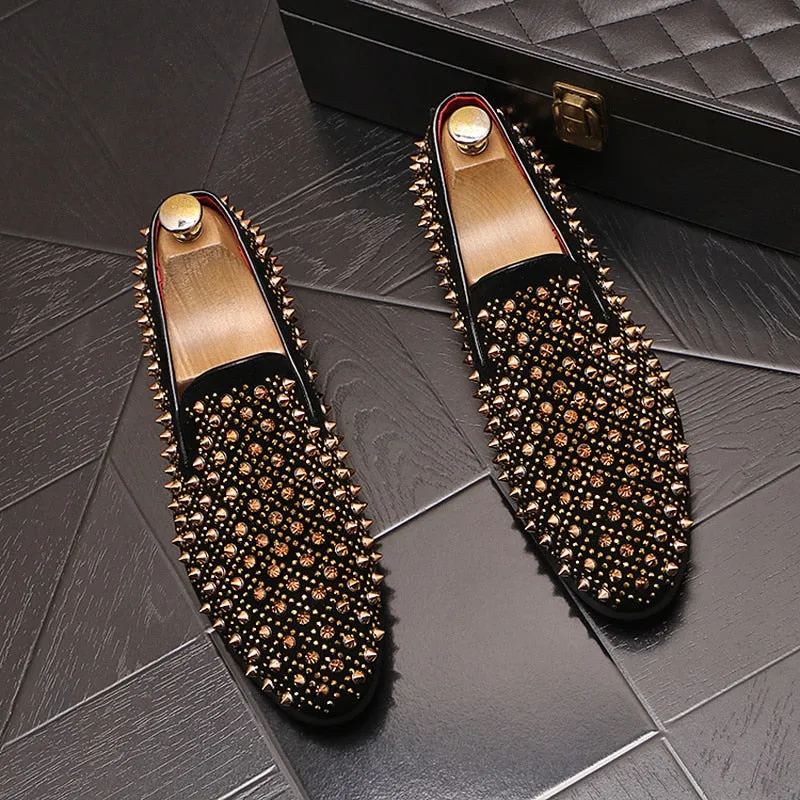 Luxury Brand Men's Fashion Rivets Shoes Black Punk Flats Loafers