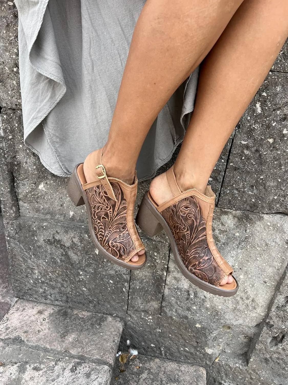 Macarena Collection Women's Handmade Leather Peep-Toe Sandals with Intricate Floral Engraving – Brown Model 68