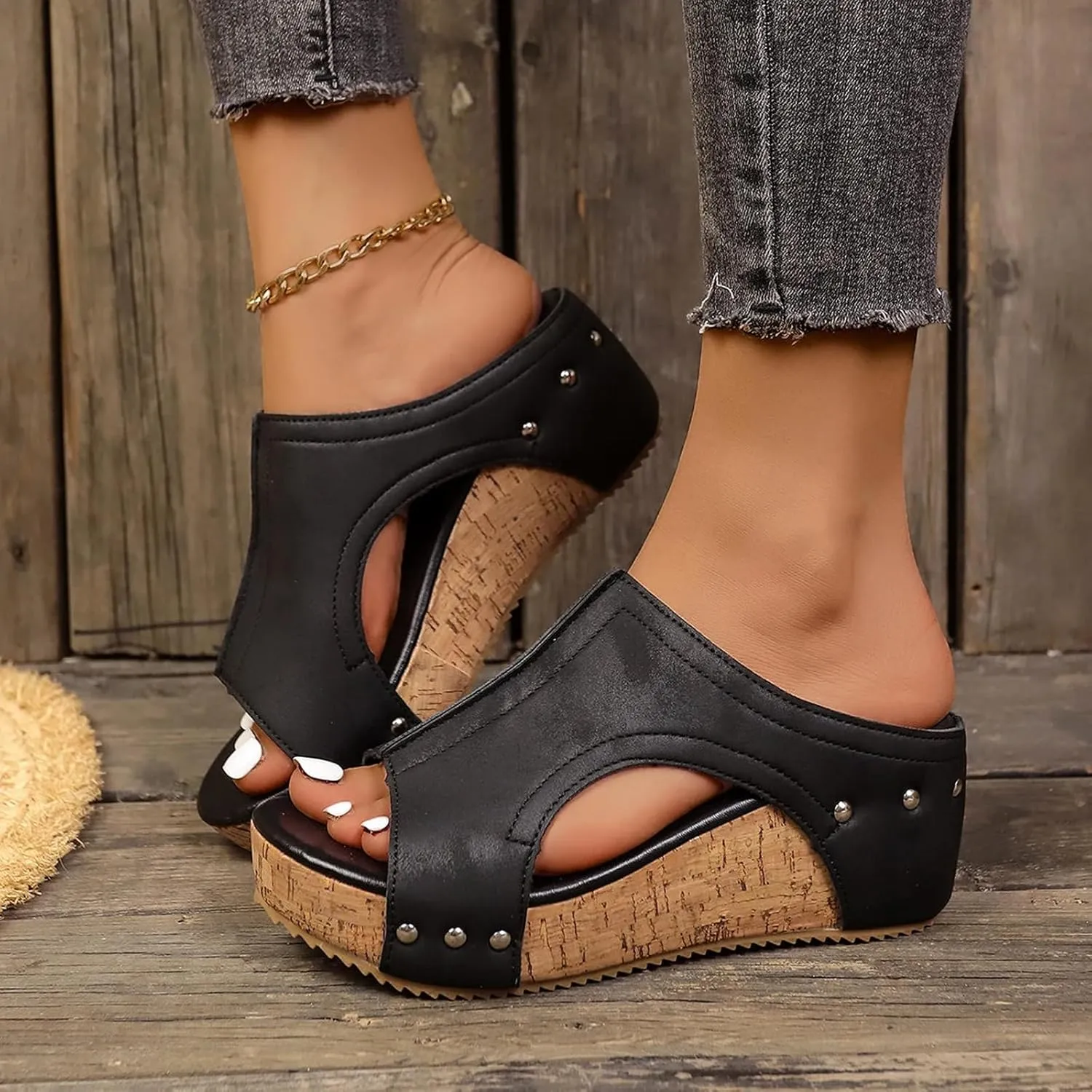 Maison Birch Cork Wedges, Stud Wedges Shoes, Cork Wedge Sandals for Women with Comfy Platform Orthopedic