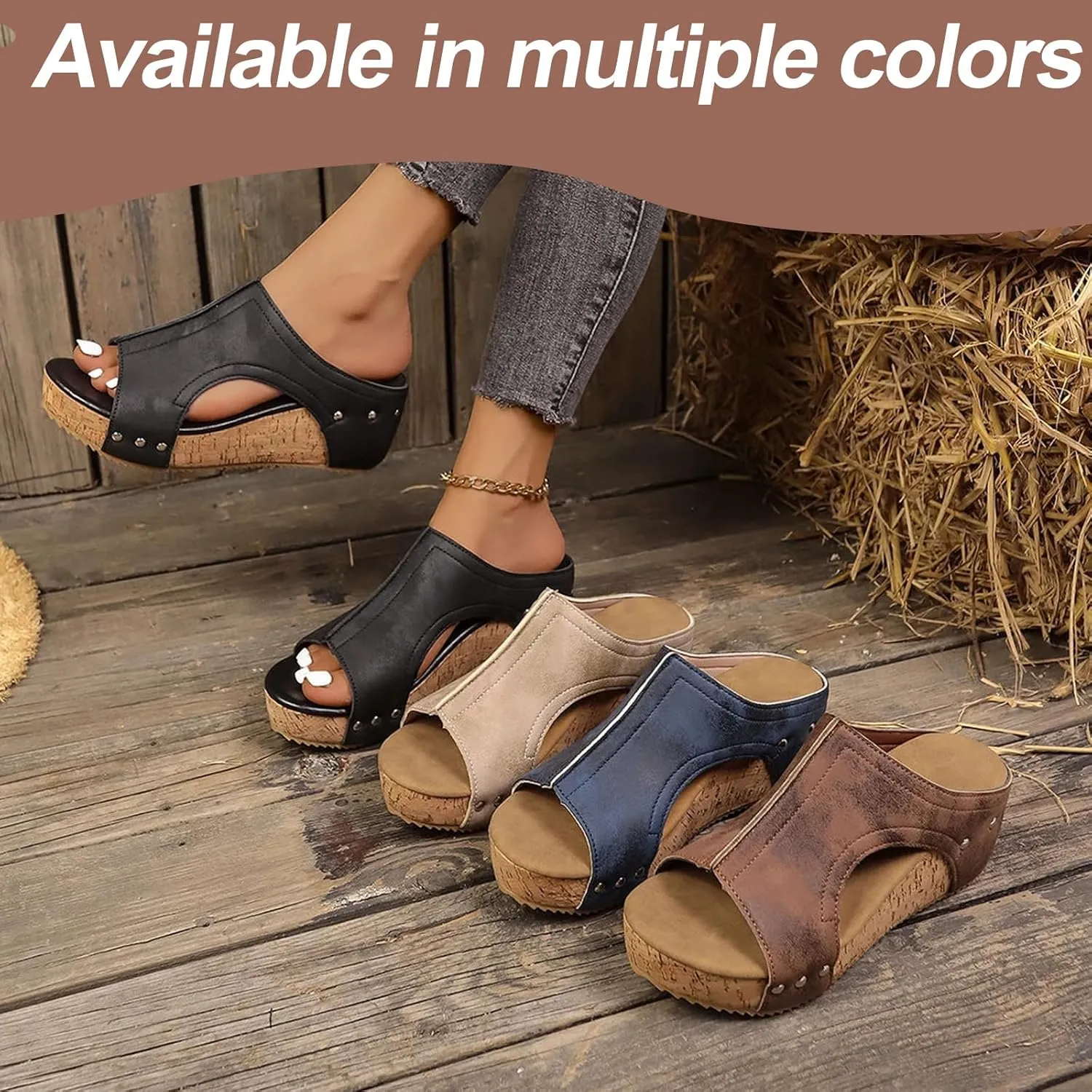 Maison Birch Cork Wedges, Stud Wedges Shoes, Cork Wedge Sandals for Women with Comfy Platform Orthopedic