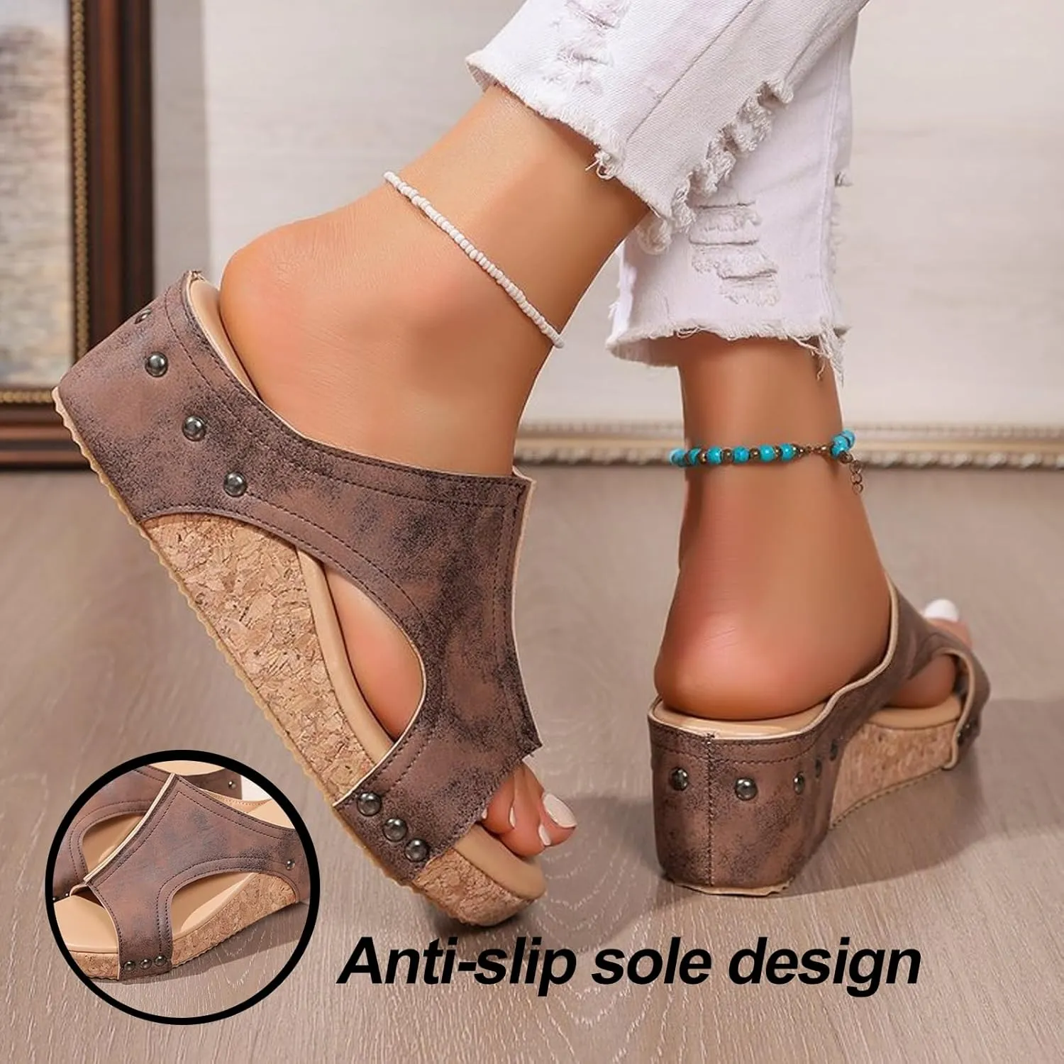 Maison Birch Cork Wedges, Stud Wedges Shoes, Cork Wedge Sandals for Women with Comfy Platform Orthopedic