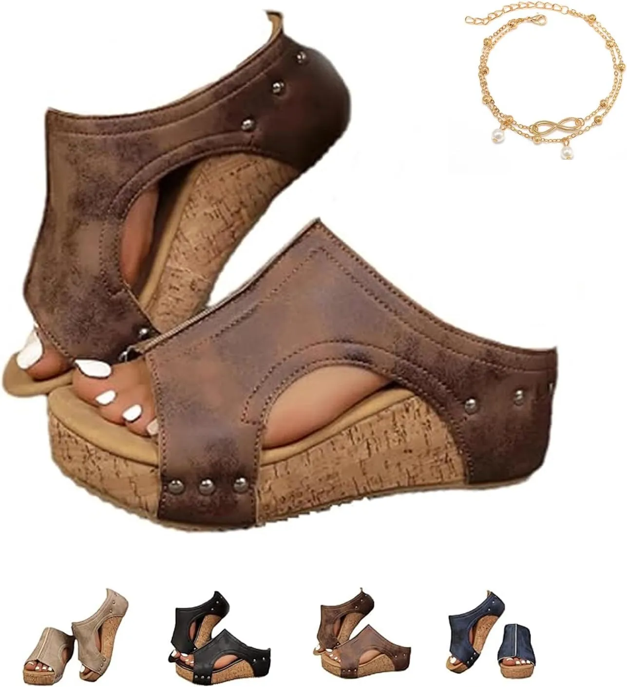 Maison Birch Cork Wedges, Stud Wedges Shoes, Cork Wedge Sandals for Women with Comfy Platform Orthopedic