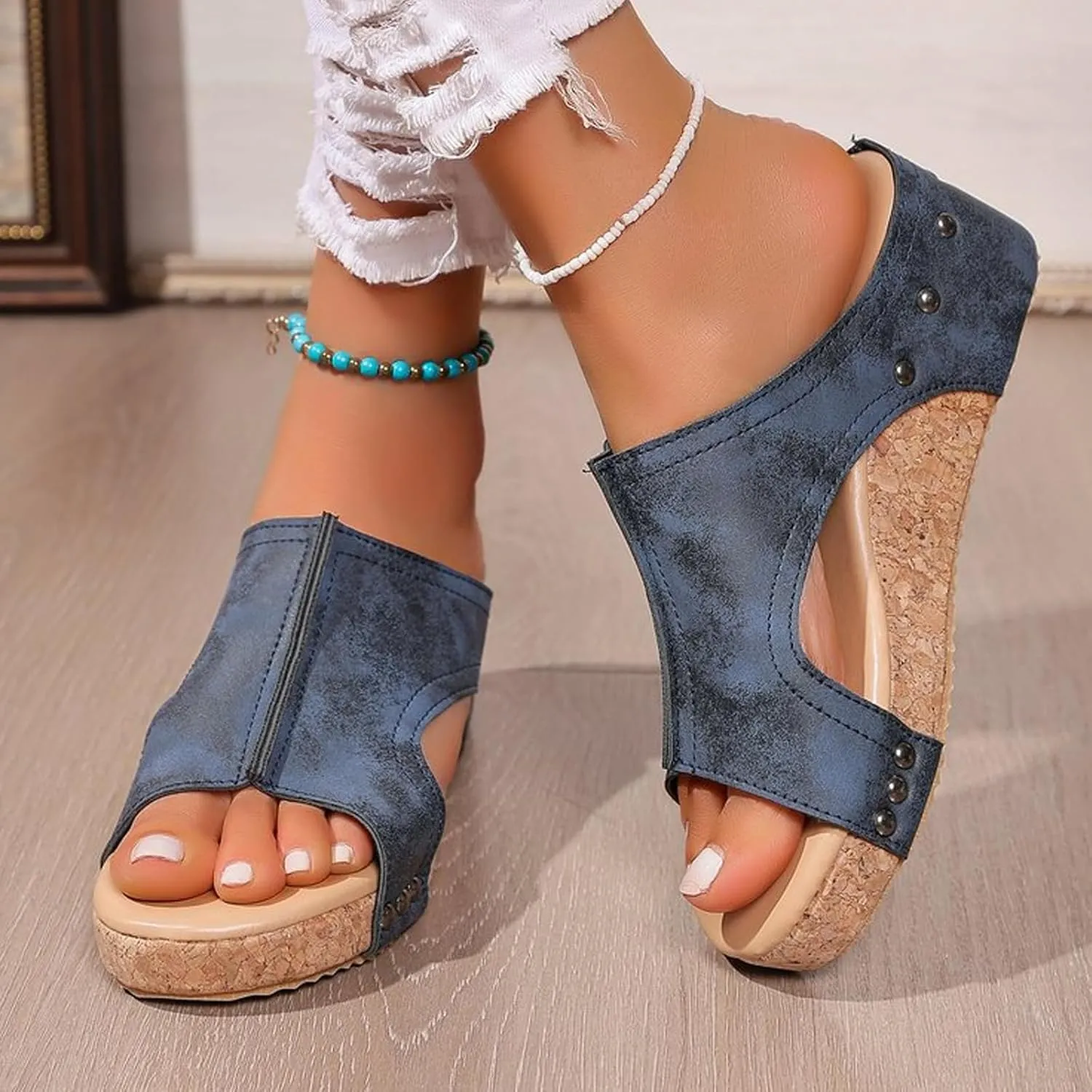 Maison Birch Cork Wedges, Stud Wedges Shoes, Cork Wedge Sandals for Women with Comfy Platform Orthopedic