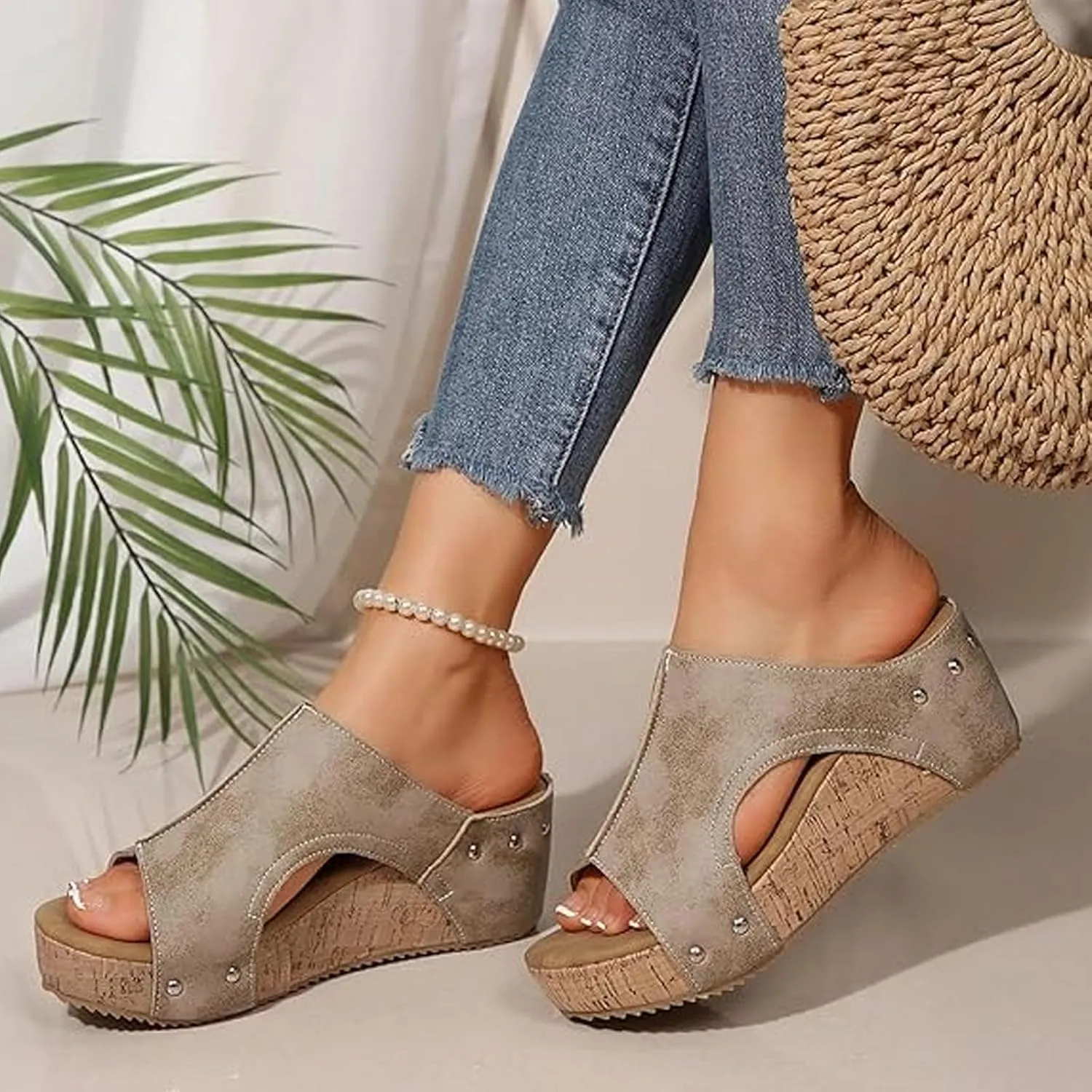 Maison Birch Cork Wedges, Stud Wedges Shoes, Cork Wedge Sandals for Women with Comfy Platform Orthopedic