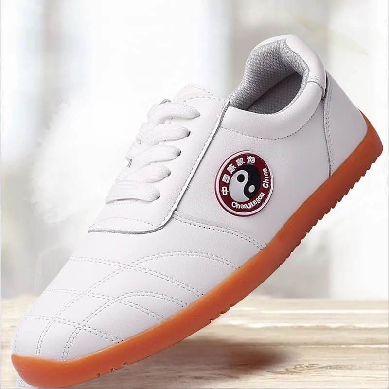 Martial Arts Training Shoes, White Leather with Orange Sole, Tai Chi Practice Footwear