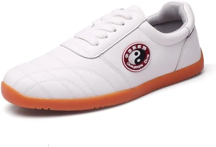 Martial Arts Training Shoes, White Leather with Orange Sole, Tai Chi Practice Footwear
