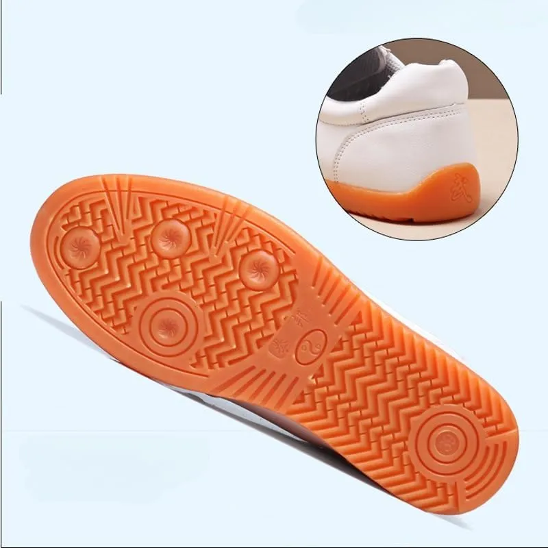 Martial Arts Training Shoes, White Leather with Orange Sole, Tai Chi Practice Footwear