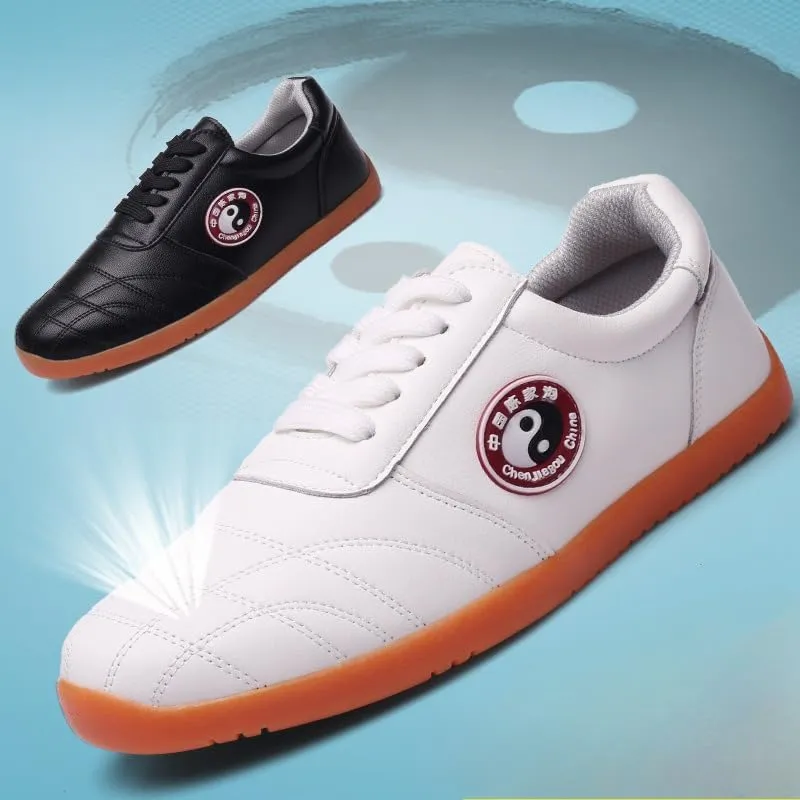 Martial Arts Training Shoes, White Leather with Orange Sole, Tai Chi Practice Footwear