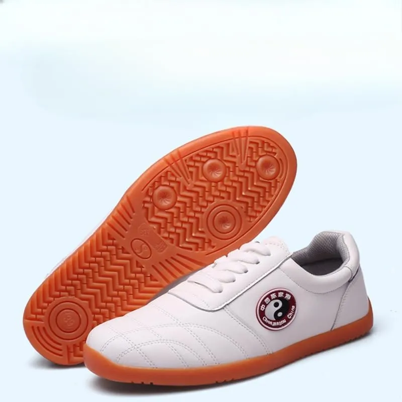 Martial Arts Training Shoes, White Leather with Orange Sole, Tai Chi Practice Footwear
