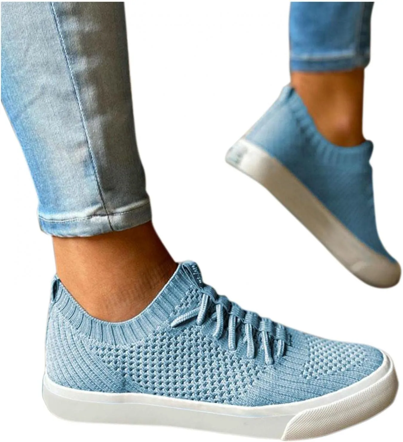 Masbird Sneakers for Women Walking Shoes Autumn Retro Knitted Loafers Fashion Slip On Canvas Running Shoes Blue