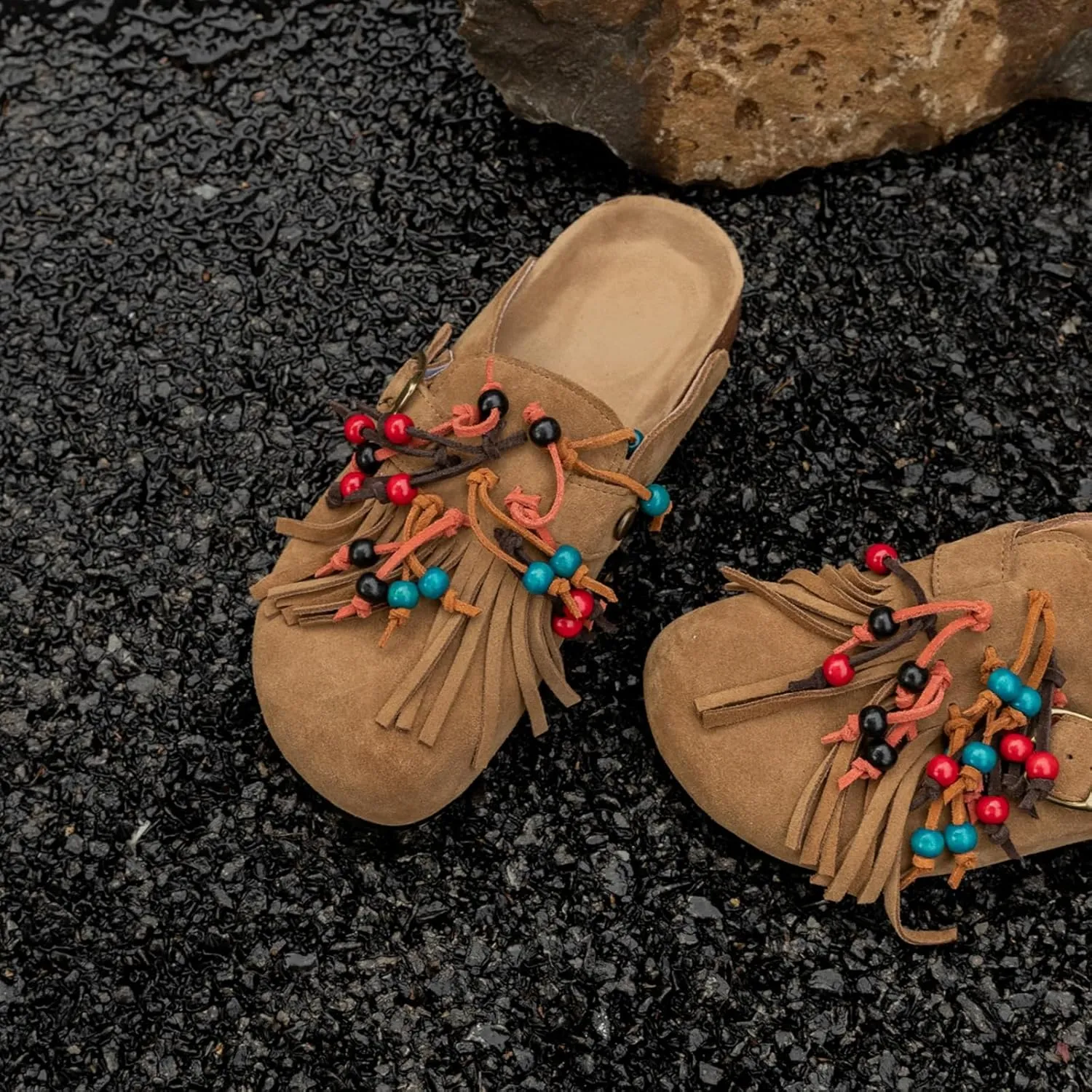 MAVMAX Women Suede Clogs Soft Cork Footbed Mules Fringe Round Toe Pull On Potato Shoes with Arch Support