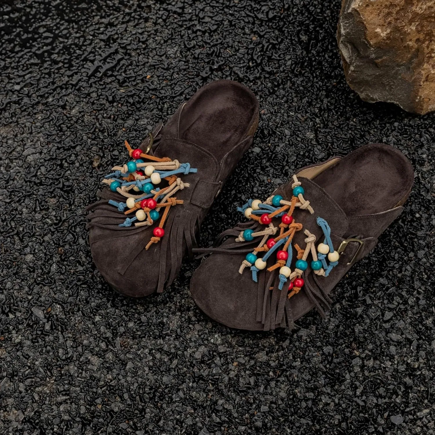 MAVMAX Women Suede Clogs Soft Cork Footbed Mules Fringe Round Toe Pull On Potato Shoes with Arch Support