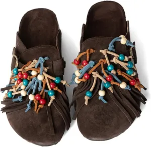 MAVMAX Women Suede Clogs Soft Cork Footbed Mules Fringe Round Toe Pull On Potato Shoes with Arch Support